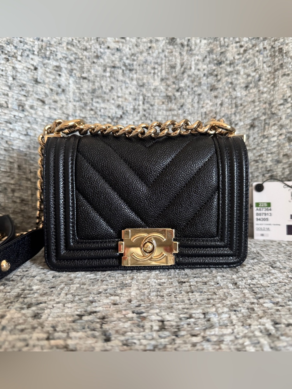 Chanel Black Mini Boy Bag Chevron Quilted Caviar Leather - Light Gold Chain